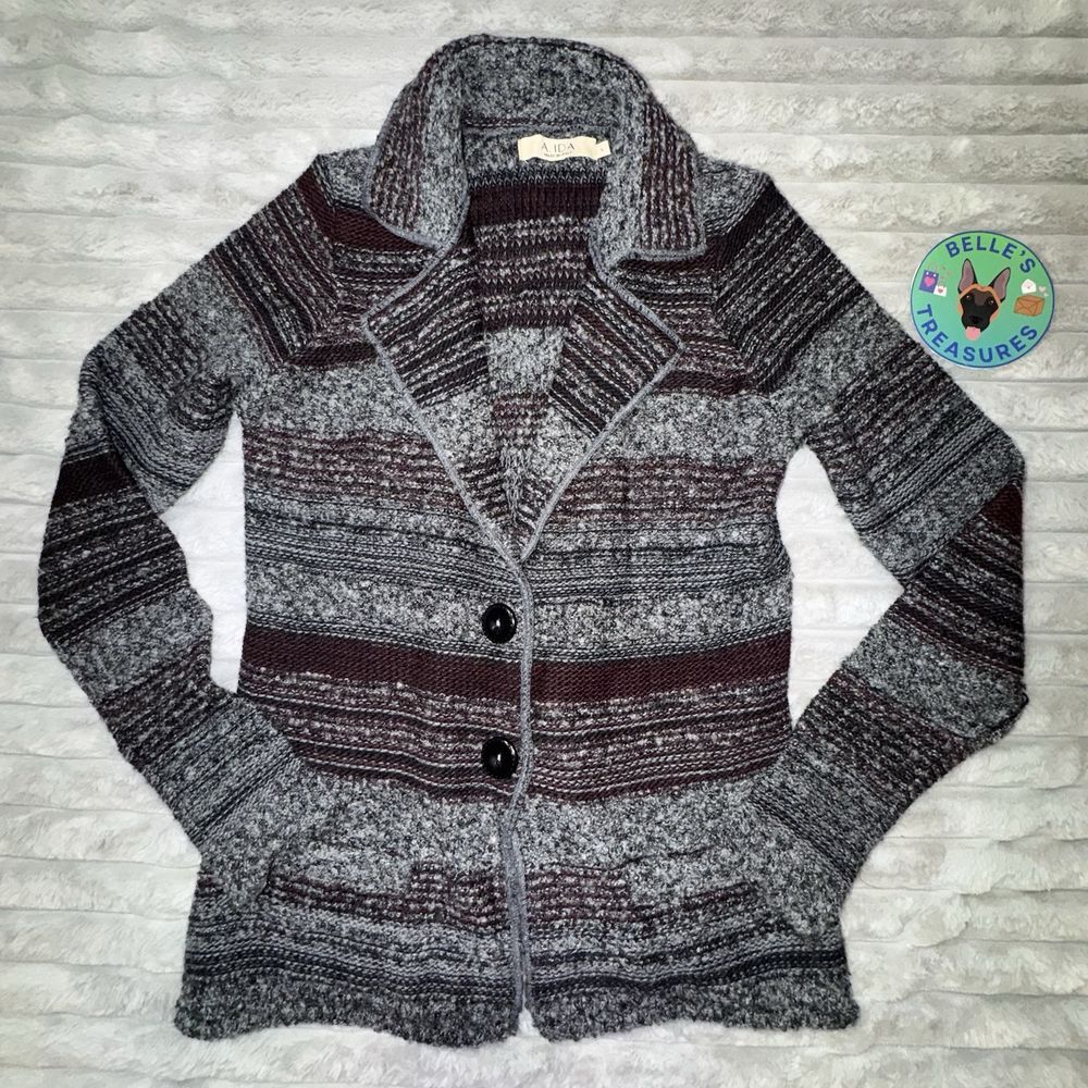 A. IDA Womens Small Cardigan Italian Wool Blend Blazer Sweater Jacket Black Gray